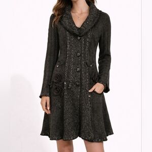 VTG FORLA PARIS 1990s Wool Fur Trim Rosette Longline Sweater Cardigan